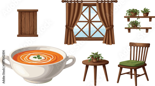 Cozy Home Interior Elements Collection Featuring Wooden Furniture Window Curtains Plants and Warm Soup Bowl for Rustic Kitchen and Living Room Design