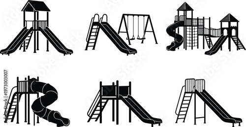 Professional playground equipment silhouette set featuring children's slides swings and climbing frames for park landscape design and recreation isolated on white background.