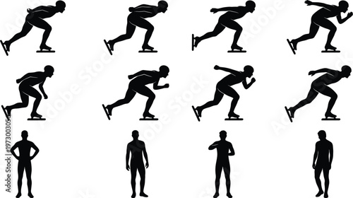 Professional speed skating silhouette set featuring athletes in dynamic motion and standing poses for winter sports competition design isolated on a white background.
