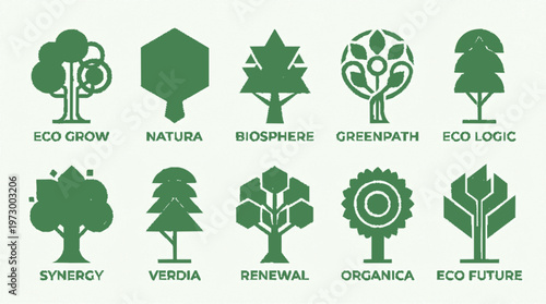 A collection of ten green tree icons with various designs representing eco-friendly and environmental themes