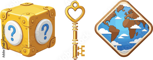 Game Asset Icons Collection Featuring Mystery Box Question Cube Golden Key and World Map Symbol for UI Design and Mobile Gaming Interfaces
