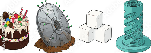 Mixed Objects Illustration Collection Featuring Sweet Dessert Cake Metal Trap Wheel Sugar Cubes and Abstract Spiral Structure for Creative Concept Design