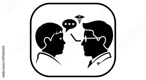 Doctor consulting patient with medical caduceus symbol and speech bubble