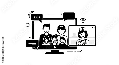 Family video call with doctor online, telemedicine consultation, healthcare technology concept