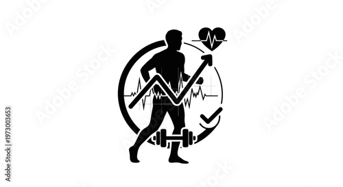 Fitness progress icon: runner, heart rate, dumbbell, growth chart, checkmark