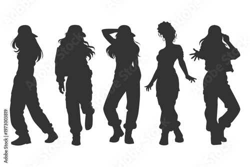 Bundle monochrome design urban street dance artist. Set vector illustrations silhouettes hip hop dancer performing on stage. Female dancer with various style, pose, gesture and freestyle choreography.