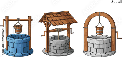 Traditional Water Well Collection Featuring Stone and Wooden Wells with Bucket Rope and Roof Designs for Rural Architecture and Village Illustration Set