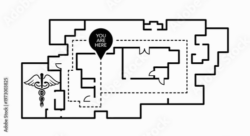 Hospital Floor Plan Map with "You Are Here" Marker and Caduceus Symbol