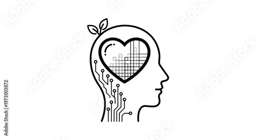Human head silhouette with heart, circuits, and leaves: AI, emotions, and nature concept