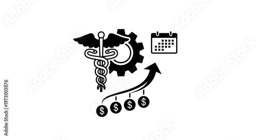 Medical Business Growth: Caduceus, Gear, Calendar, and Upward Arrow with Dollar Signs