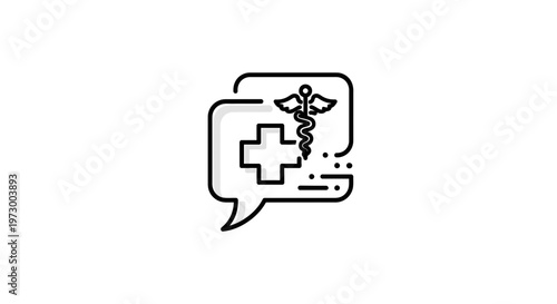 Medical Chat Icon: Caduceus and Cross in Speech Bubble, Healthcare Communication Concept