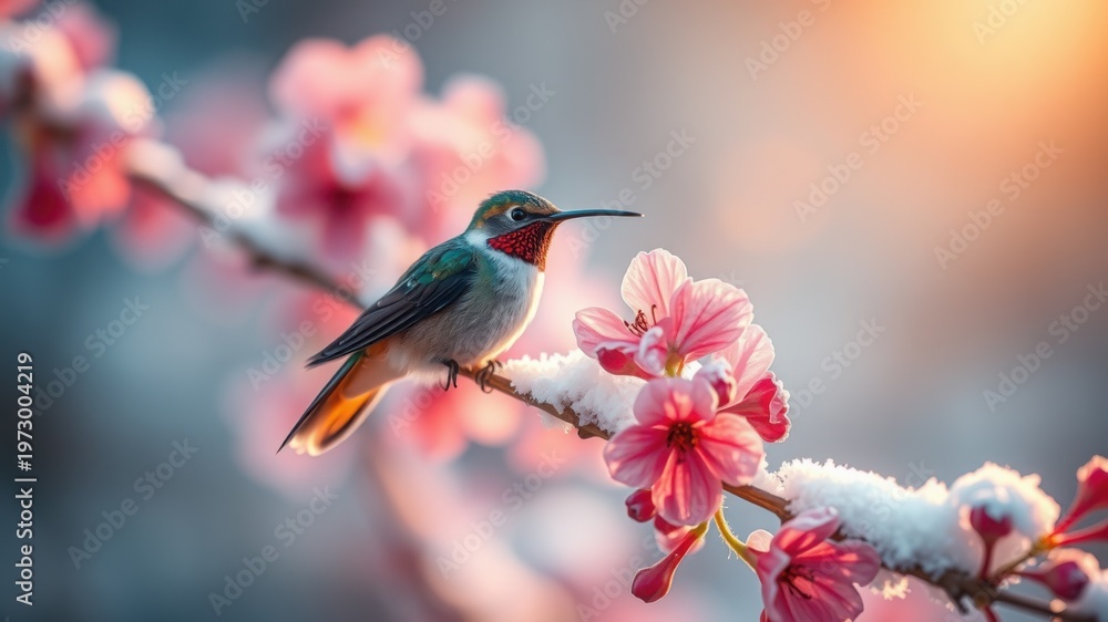 Fototapeta premium Hummingbird feeding on pink cherry blossoms in soft golden sunlight