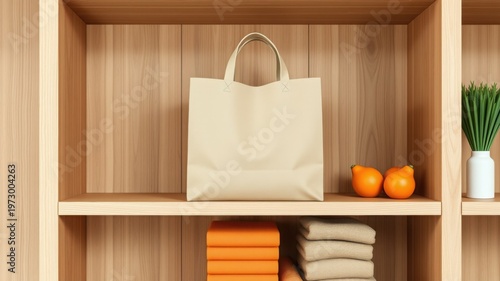Minimalist home storage with eco-friendly tote bag and fresh citrus fruits on wooden shelf