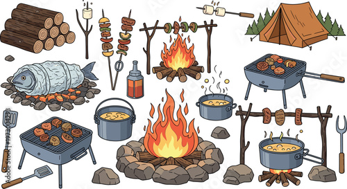 Camping cooking vector set with campfire grill fish skewers pot tent and outdoor food preparation equipment illustration