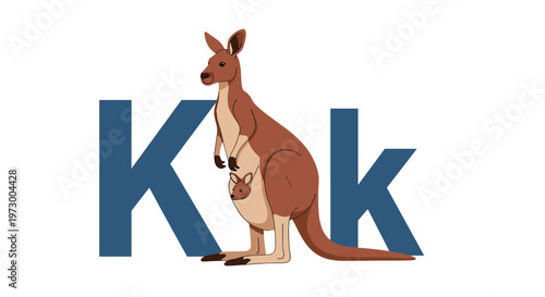 Cartoon kangaroo with a small joey in its pouch stands between a large capital K and a small lowercase letter k.