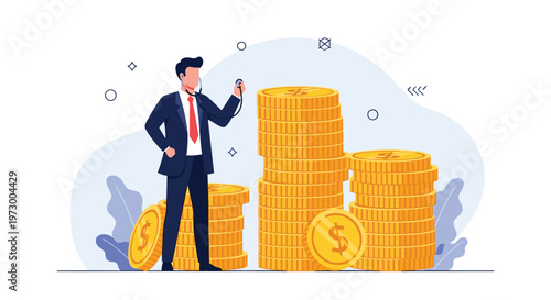 Businessman in a suit uses a medical stethoscope to monitor the financial condition of various stacks of gold coins.