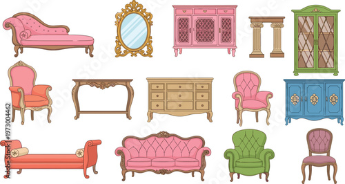 Vintage Furniture Illustration Set Featuring Classic Sofas, Chairs, Cabinets, Tables, and Decorative Interior Elements for Retro Home Decor and Design Projects