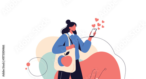 Young woman with an apple tote bag walks while using her smartphone and sending love hearts on a colorful background.