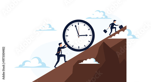 Businessman pushes a large clock up a steep hill while another businessman runs down the slope carrying a briefcase.