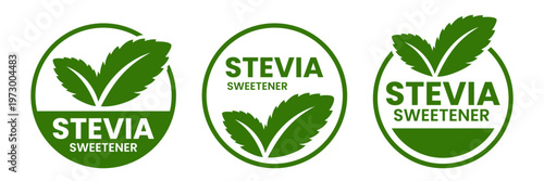 Stevia sweetener icon set, logo, label, badge, sticker, symbol, banner, green, circle, stamp, line, flat vector, isolated illustration. 100% natural, organic, bio, eco friendly, stevia leaf icons.