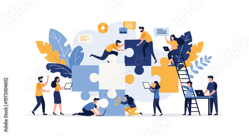 Diverse team of professionals working together to assemble a large jigsaw puzzle representing successful teamwork.