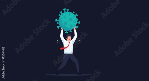 Exhausted businessman struggling to carry a massive coronavirus molecule on his back during the global pandemic.