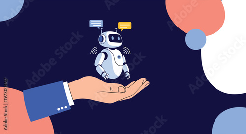 Human hand holding a friendly robotic digital assistant character floating in front of a dark abstract background.