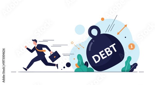 Stressed businessman in a suit running to avoid a massive heavy weight labeled debt falling from the sky.