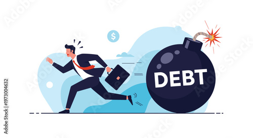 Panicked businessman with a briefcase running away from a massive black bomb with lit fuse and debt text.