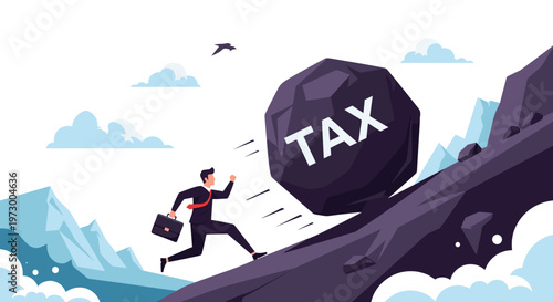 Worried businessman running down a mountain slope to escape a giant boulder with tax text rolling towards him.