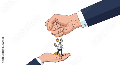 Tiny businessman standing on a giant hand while another large hand squeezes coins over him like falling rain.