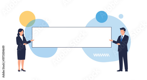 Professional businessman and businesswoman in suits standing together and holding a large blank white banner.