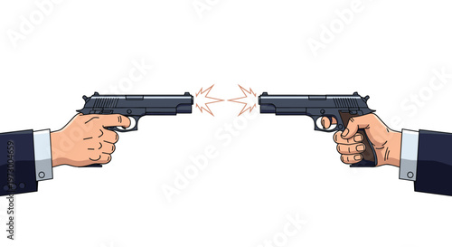 Two hands in navy blue suit sleeves point black handguns at each other in a tense and dangerous Mexican standoff situation.