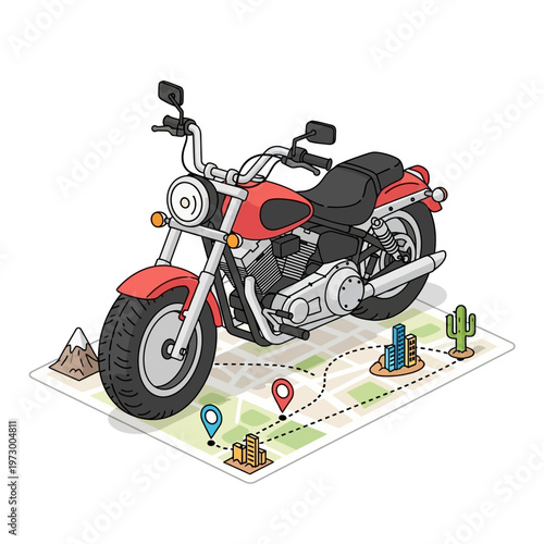 Colorful cartoon motorcycle on a map illustration