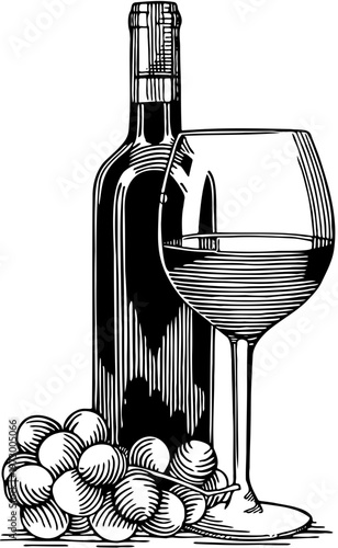 Classic woodcut illustration of a wine bottle, a full glass of red wine, and a bunch of grapes, evoking the timeless beauty of viniculture and gourmet experiences