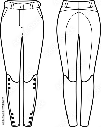 Equestrian pants flat sketch, riding breeches technical drawing, vector fashion cad, women's equestrian trousers design, sportwear apparel illustration