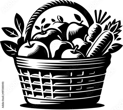 Still life illustration of a woven basket filled with fresh fruits and vegetables, a healthy harvest