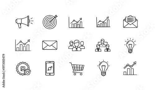 Marketing linear icons set with clean minimal business and digital promotion symbols