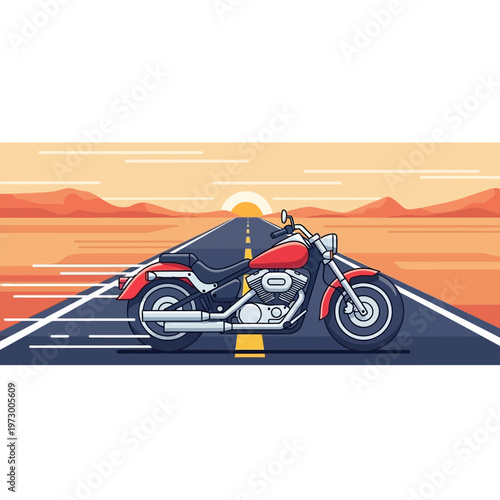 red motorcycle on desert highway road at sunset