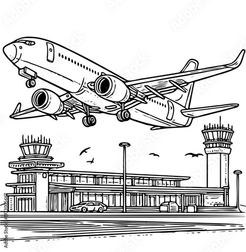 Dynamic black and white line art illustration capturing the moment a commercial jetliner takes off from a busy airport terminal, complete with control towers and parked vehicles