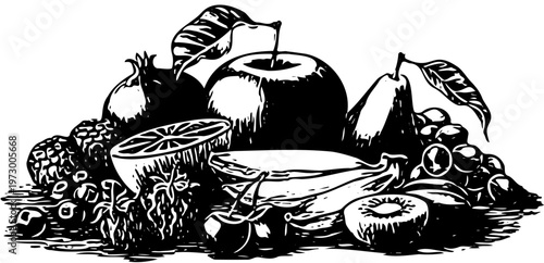 Rich assortment of various fresh fruits, artfully arranged in a classic hand-drawn illustration, symbolizing healthy eating and natural bounty for a vibrant lifestyle