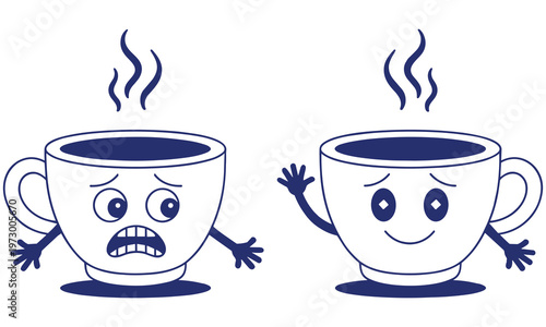 Vector graphic illustration of two steaming cups with expressive faces conveying emotions
