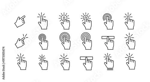 Set of hand gesture icons representing finger touches and clicks for modern digital user interface design