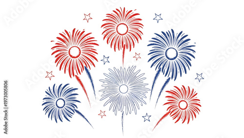 Vibrant red white and blue fireworks exploding with starburst effects and scattered stars on a clean white background for 4th of july celebrations