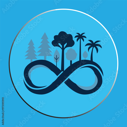 The infinity loop serves as the "ground" or "roots" for the forest, which is a clever way to represent a circular economy or nature's resilience.