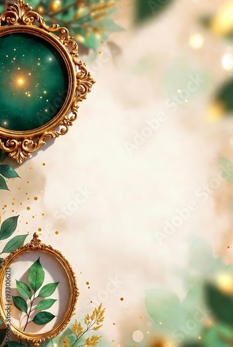 Elegant frames with botanical elements and celestial accents for invitations.