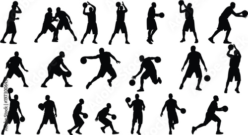 Basketball player silhouette set, dynamic action poses, dribbling, shooting, passing, defending, black vector illustration, sports movement, athletic training concept