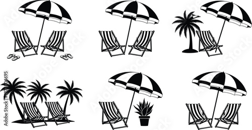 Beach scene vector illustration, black and white, lounge chairs, umbrella, palm trees, summer vacation, tropical holiday, seaside relaxation, travel design graphic