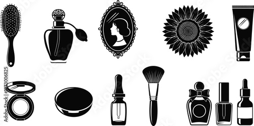 Beauty product silhouette, vintage cosmetics, makeup tools, personal care items, black vector illustration, isolated icons, skincare accessories, elegant design, fashion elements