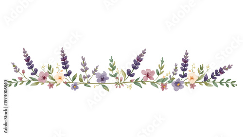 Floral watercolor lavender and flower border ornament on white